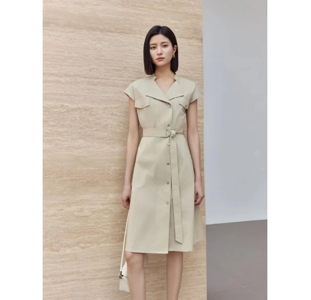 【如是小花开】2025年夏装小翻领束腰工装设计感连衣裙25108