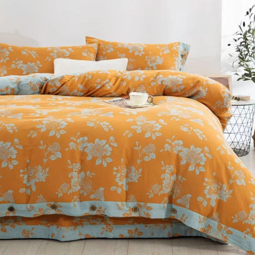 初遇花开-纽扣款】棉A类母婴级色织提花双层纱四件套高品质套件