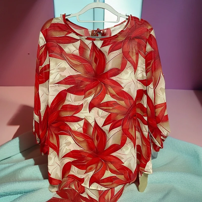 312春夏新款枫叶红经典雪纺设计款上衣质宽松显瘦时尚款百搭圆领