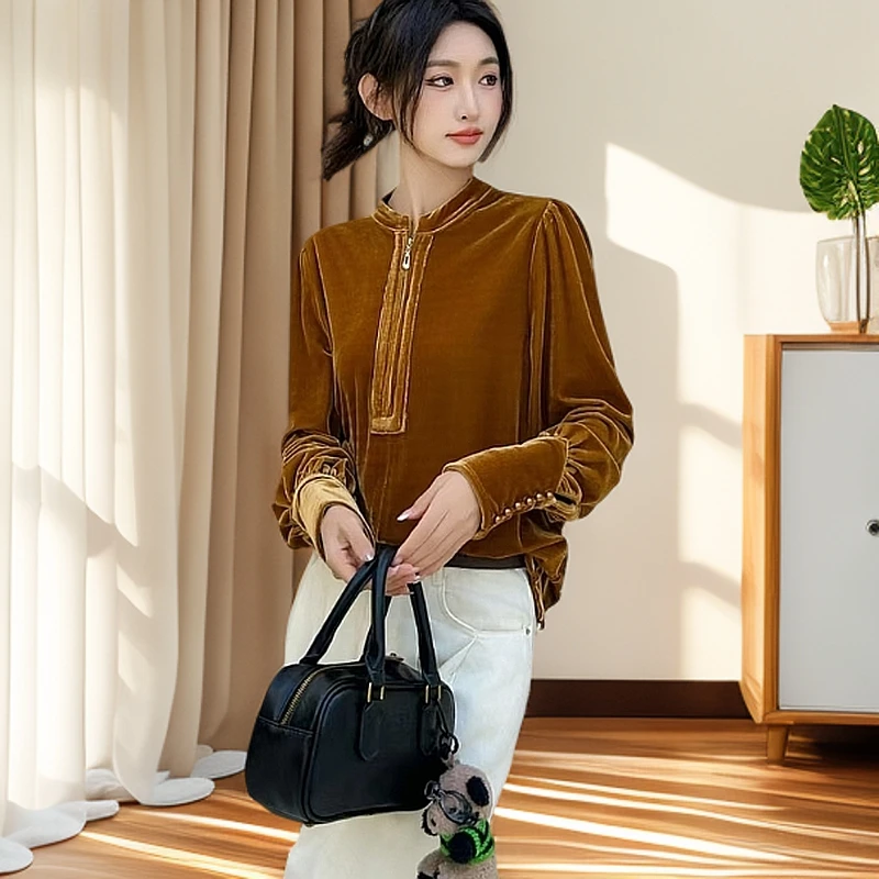 【锦衣服饰】MXY 8133（90937）袖口一排扣半拉链时尚丝绒小衫