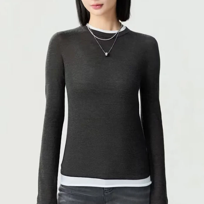职业阿玛诗官哥家专柜2025春夏新款时尚显瘦拼接假两件羊毛针织衫