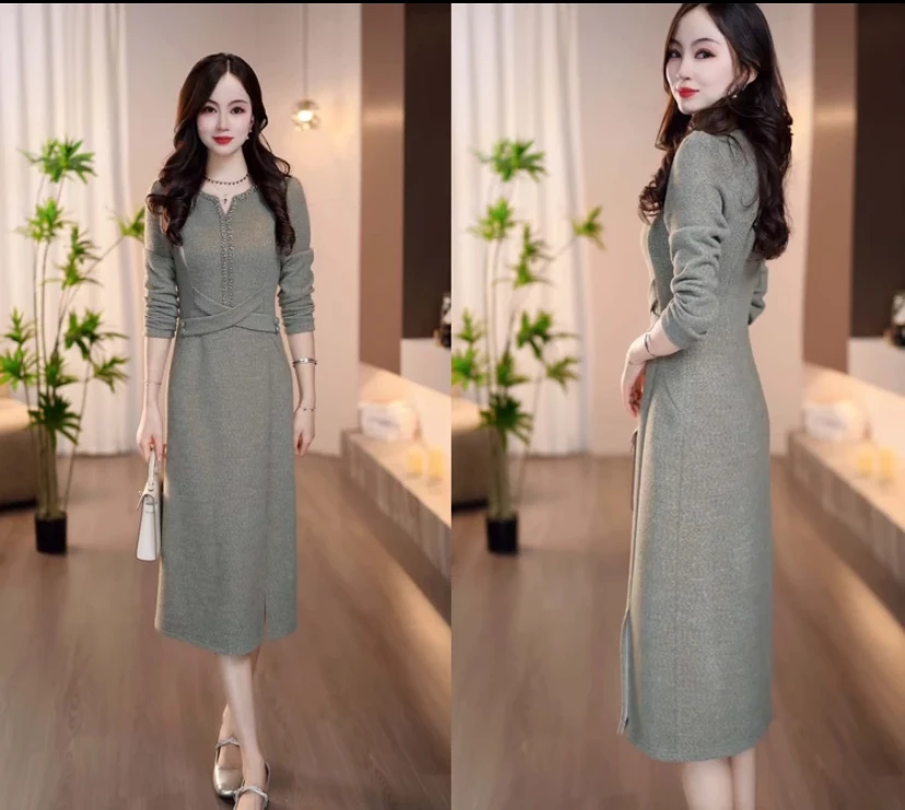 新品上新2025冬季新款芽绿色不规则领扣带优雅大气收腰显瘦连衣裙