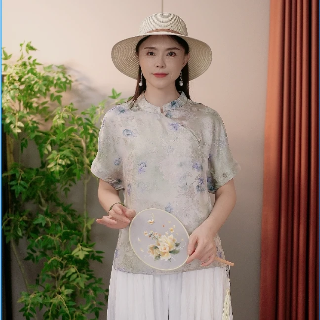 双面穿夏季新款短袖香云纱上衣青绿玉兰花小衫透气凉爽4194