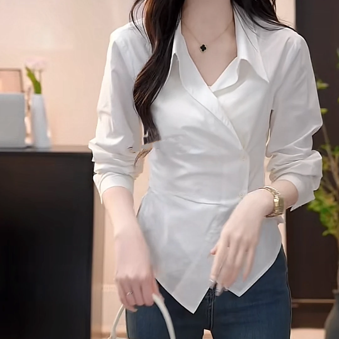 法式设计感不规则小众衬衫女2025春季新款打底时尚白色长袖衬衣