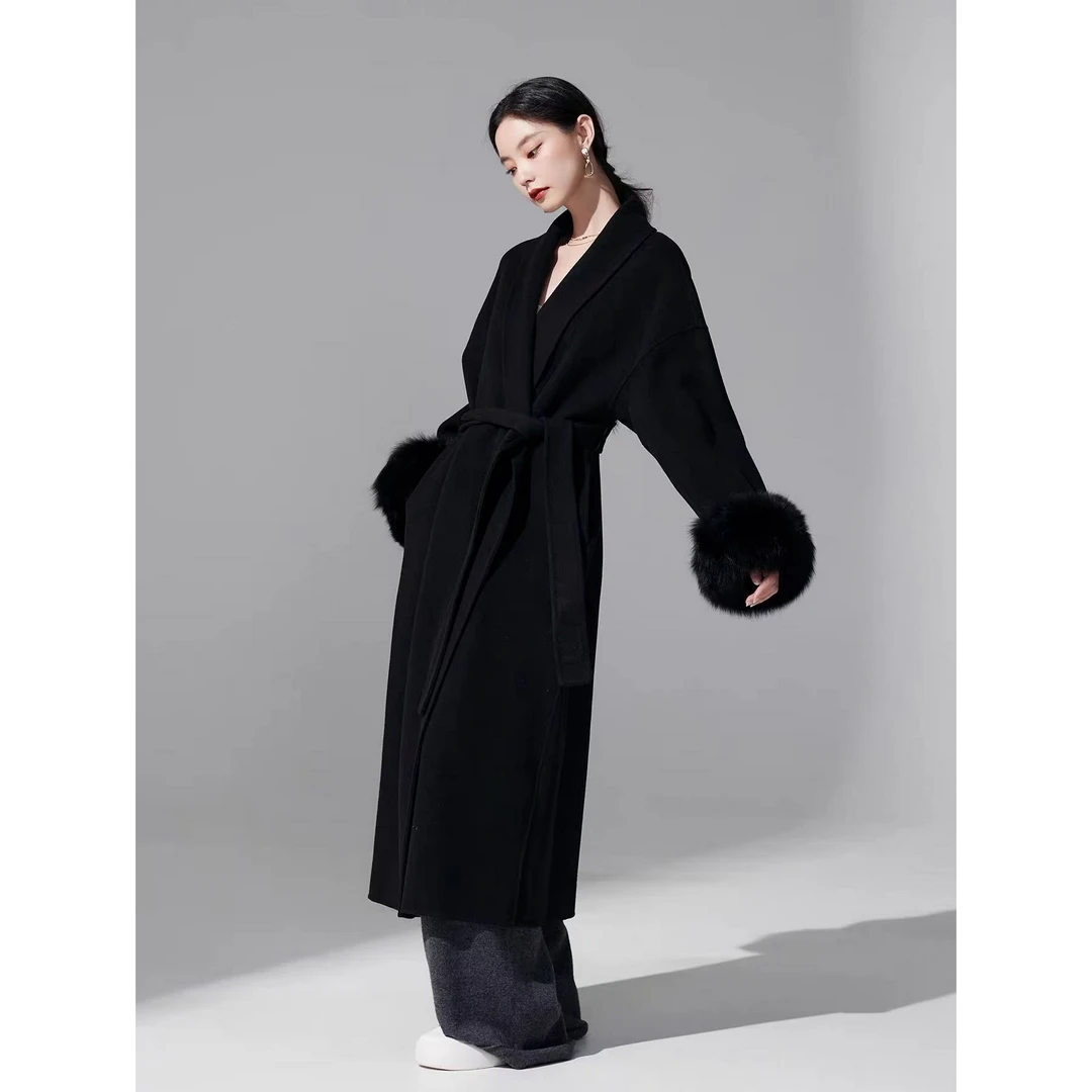 羊绒大衣女秋冬2025新款黑色经典毛呢大衣过膝中长款外套S811104