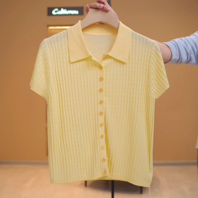 【媛媛】翻领简约风排扣纯色百搭针织衫-Y17284