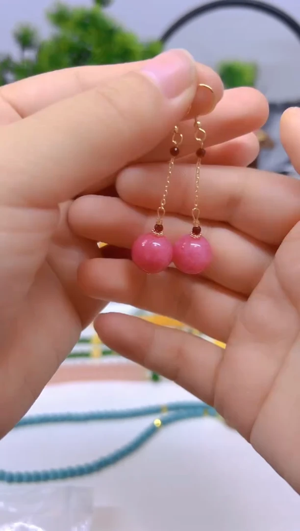 菱锰矿（红纹石）14K金镶嵌耳坠E613