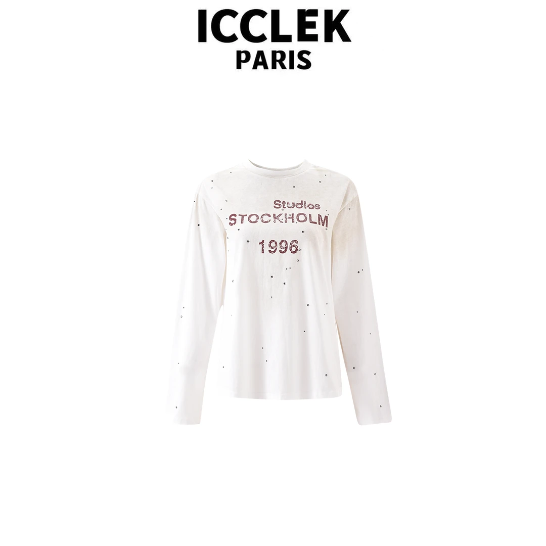 ICCLEK 烫钻做旧圆领长袖T恤 休闲 显瘦 百搭 通勤 防晒 - 6013