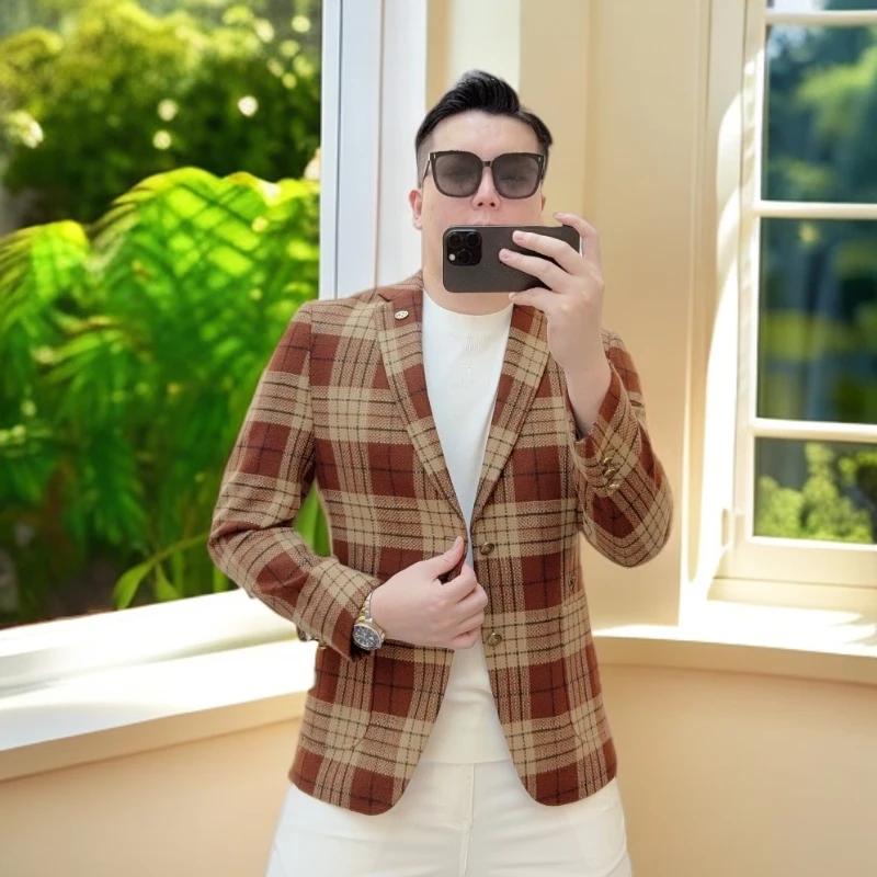 娜罗普西秋季新款时尚个性格子西服外套修身帅气休闲小西装男便西