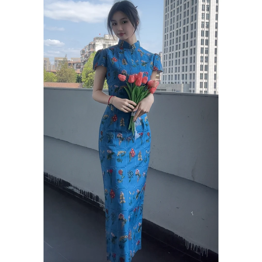 【C94】2025春夏新款复古新中式气质显瘦蓝色温婉高级旗袍裙