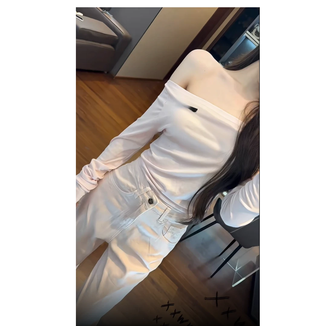 纯欲风显瘦气质斜肩长袖打底T恤女2025秋季新款高腰牛仔裤两件套