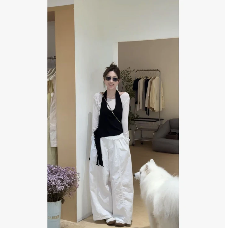 【呼吸两件套】早秋韩系挂脖真两件飘带设计感上衣时尚两件套