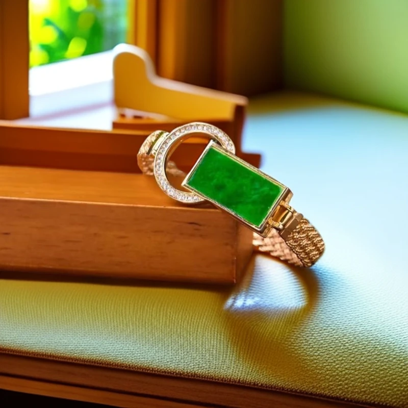 天然缅甸A货翡翠银S925镶方牌手链 A041600