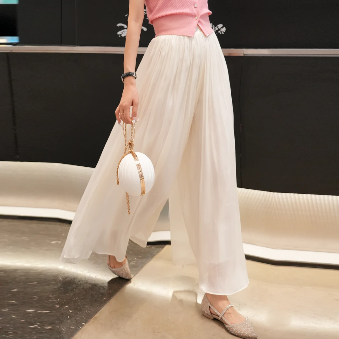 蔡小姐琉璃金丝裤慵懒风显高阔腿裤高腰显瘦裙裤宽松垂感春夏穿搭