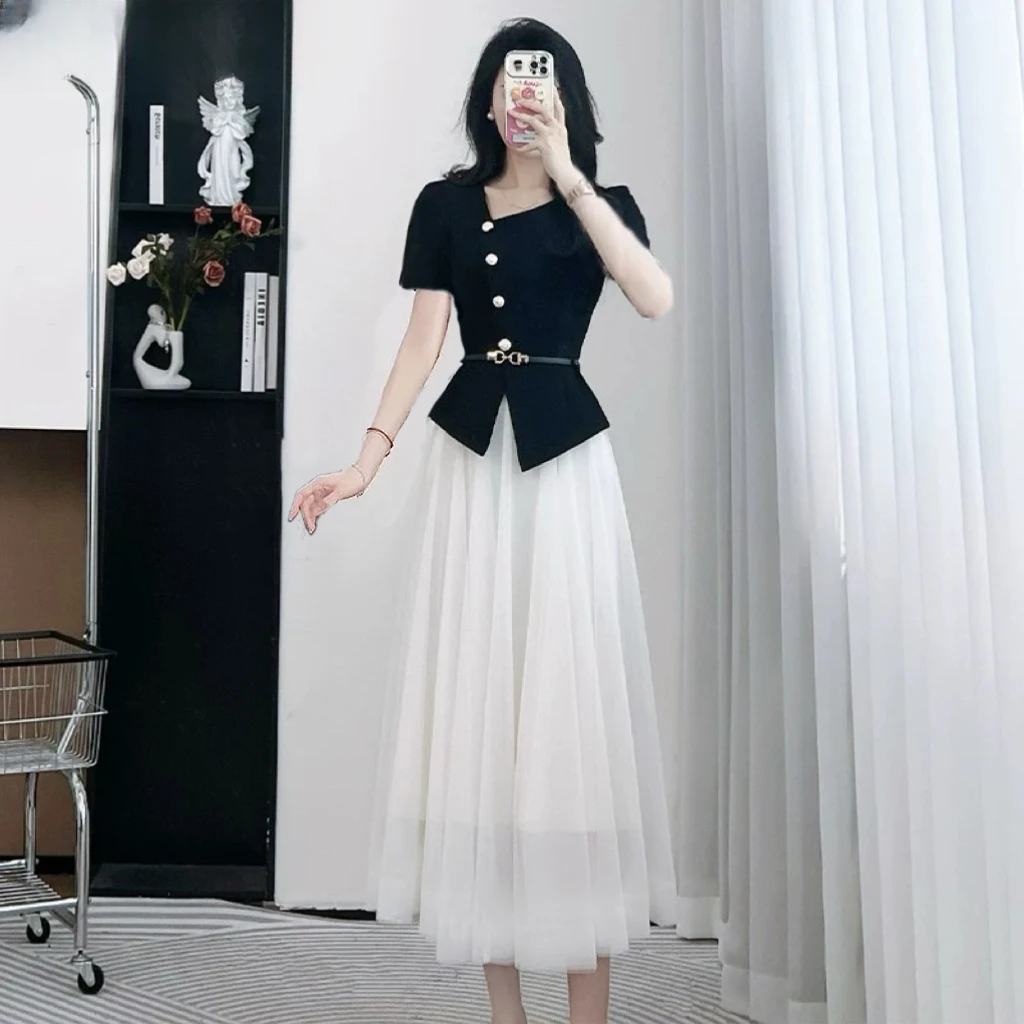 春夏家流行穿搭气质轻奢高级感端庄大气别致黑色连衣裙套装1346