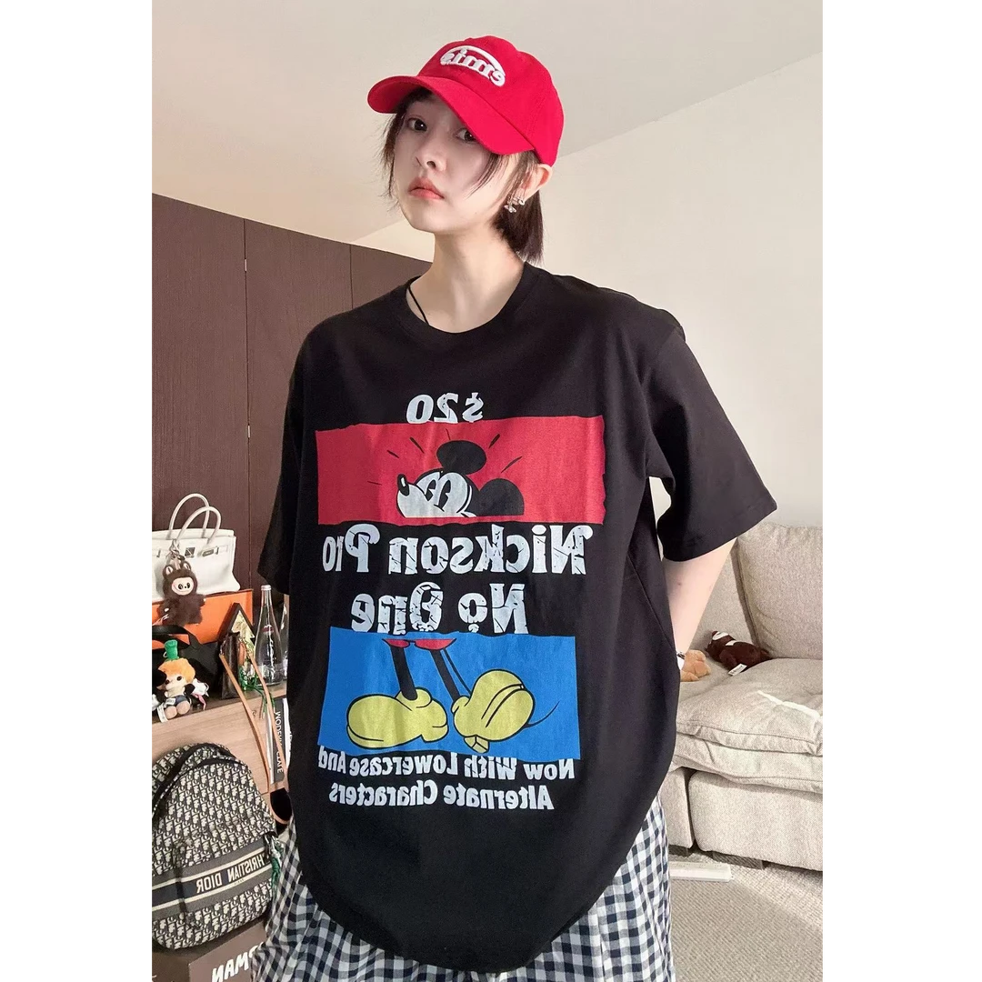 【影子】米老鼠字母卡通时尚百搭休闲潮流宽松印花大版中长款T恤