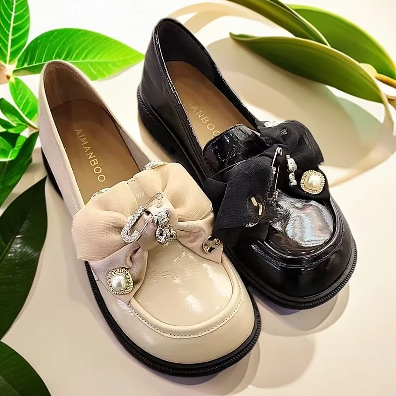 搭扣春季蝴蝶结玛丽珍浅口乐福鞋粗跟低跟厚底豆豆鞋