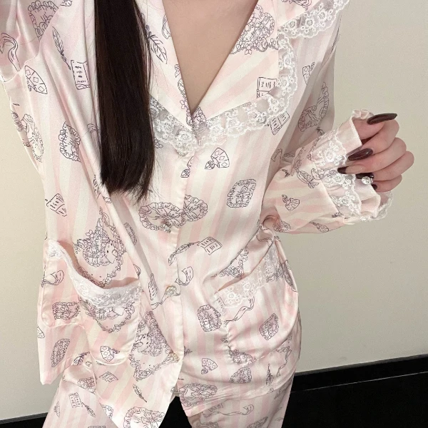 【纯欲蕾丝边】kitty印花睡衣女秋冬款开衫长袖长裤家居服套装女