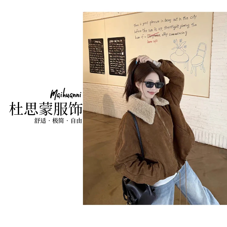 （杜思蒙服饰）25563-【宝藏衣橱】慵懒风百搭毛毛领纯色加厚翻领外套