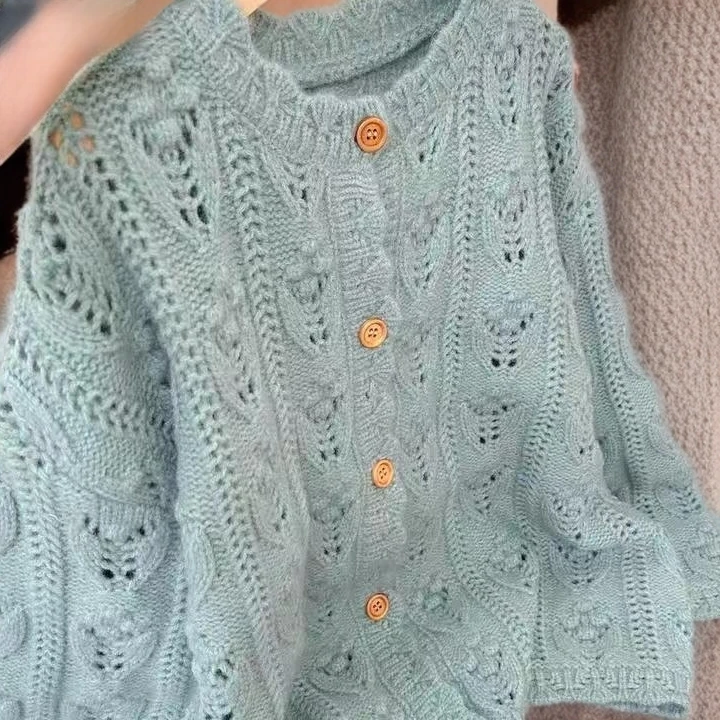 粗棒针花朵镂空粗棒针针织衫开衫春秋季新款慵懒风宽松毛衣外套女