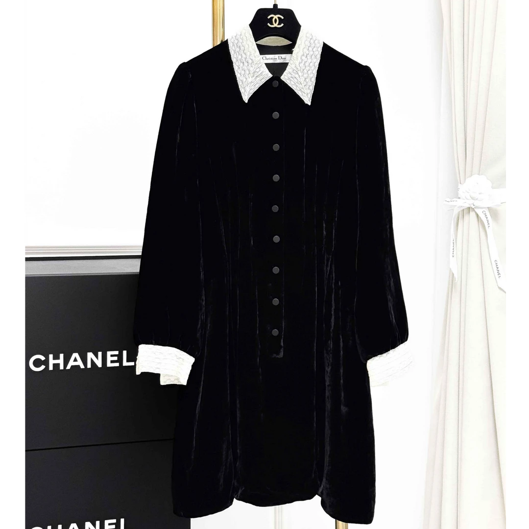 99新 DIOR/迪奥 F36码黑色丝绒束腰白色蕾丝领长袖连衣裙