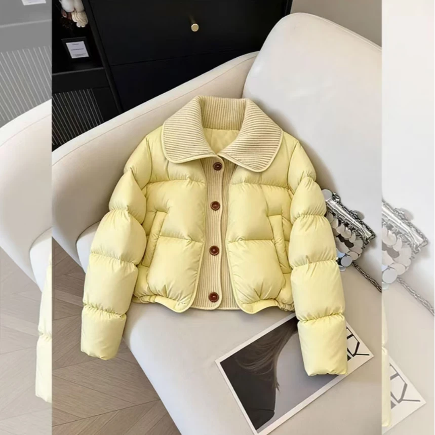 甜美减龄拼接针织翻领保暖棉服女冬季显瘦宽松洋气大码百搭短外套