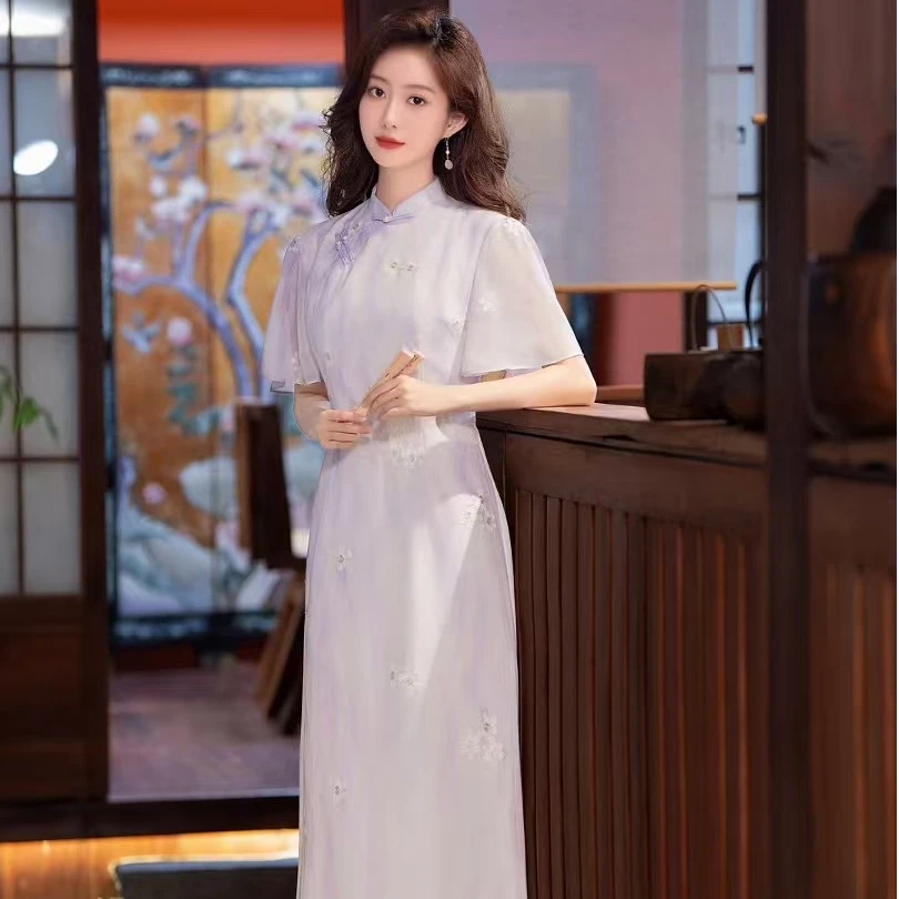 【紫霞仙子】气质显瘦日常复古中式奥黛丝麻三色双层旗袍 衣长116