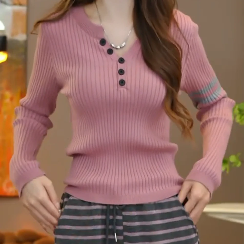 春季上新【三条杠撞色针织打底衫】洋气修身显瘦百搭针织打底衫女