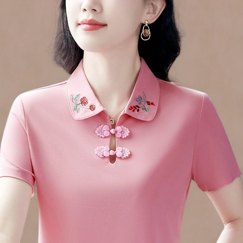 冰丝短袖打底衫女夏季2025新款中妈妈盘扣上衣休闲运动polo衫夏装