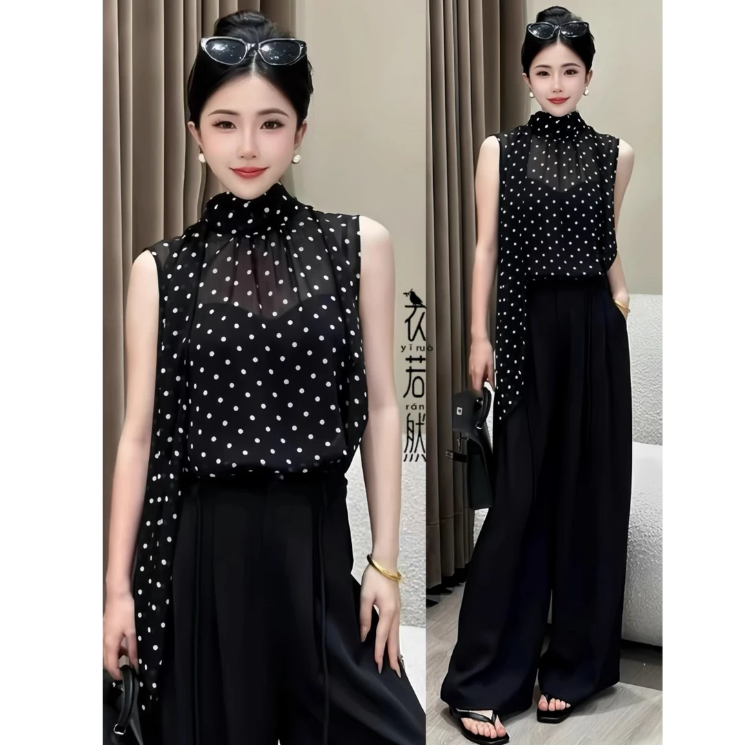 拉夏贝尔黑色波点雪纺无袖衬衫女夏季新款立领衬衣设计感小众上衣