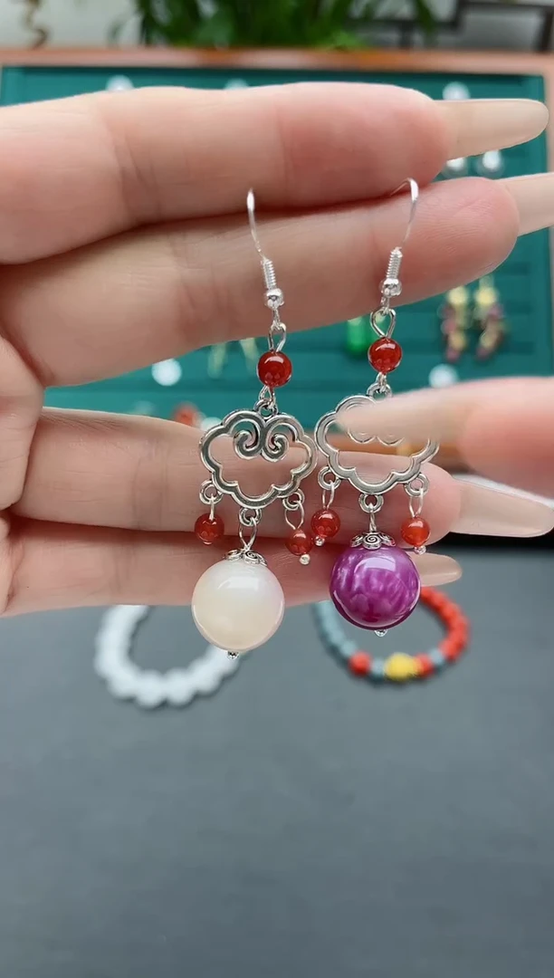 【闪购商品】玛瑙/玉髓耳饰银S925镶嵌8893变色珠