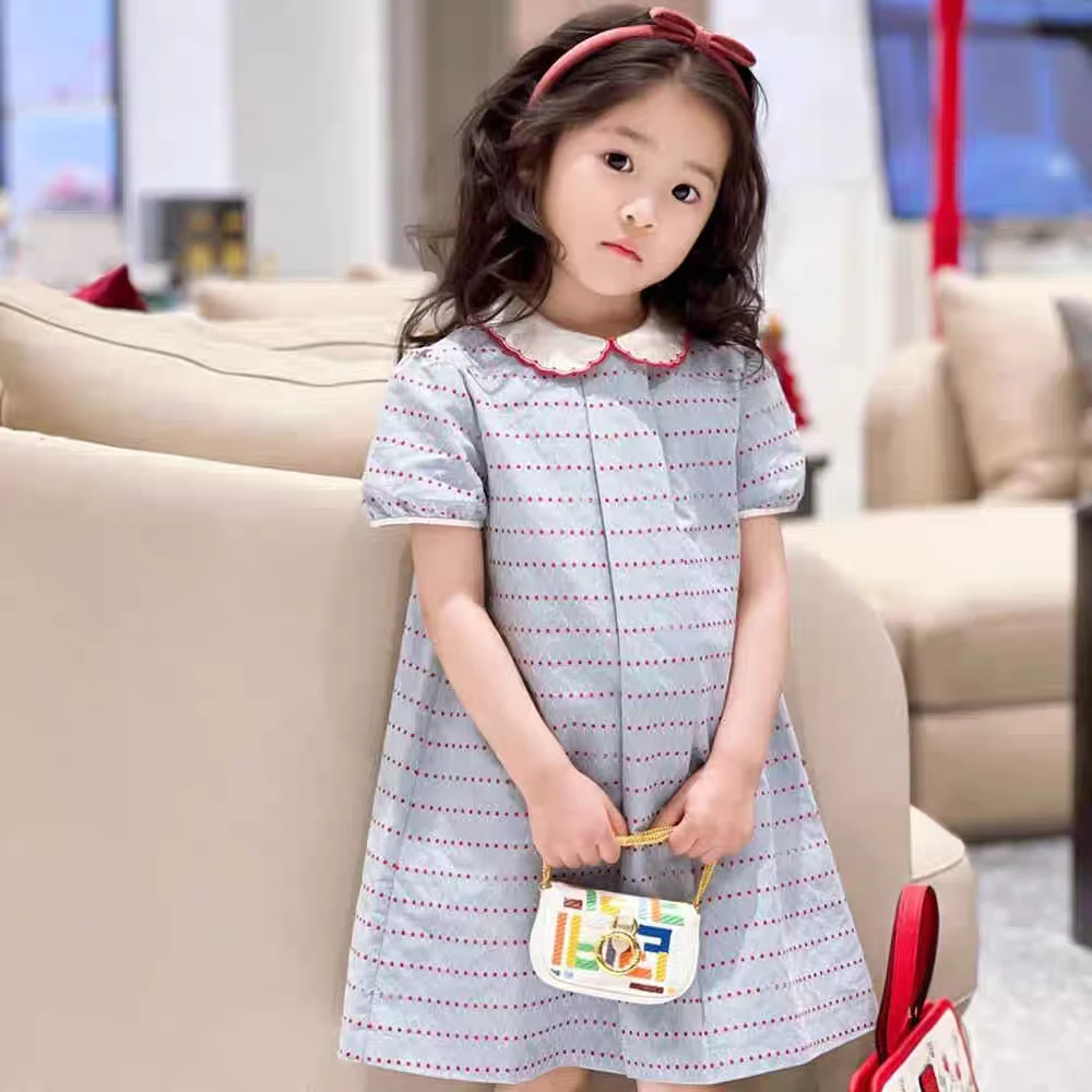 【场仔】意大利圆点印花翻领浅蓝色短袖连衣裙夏季学院风童装500126