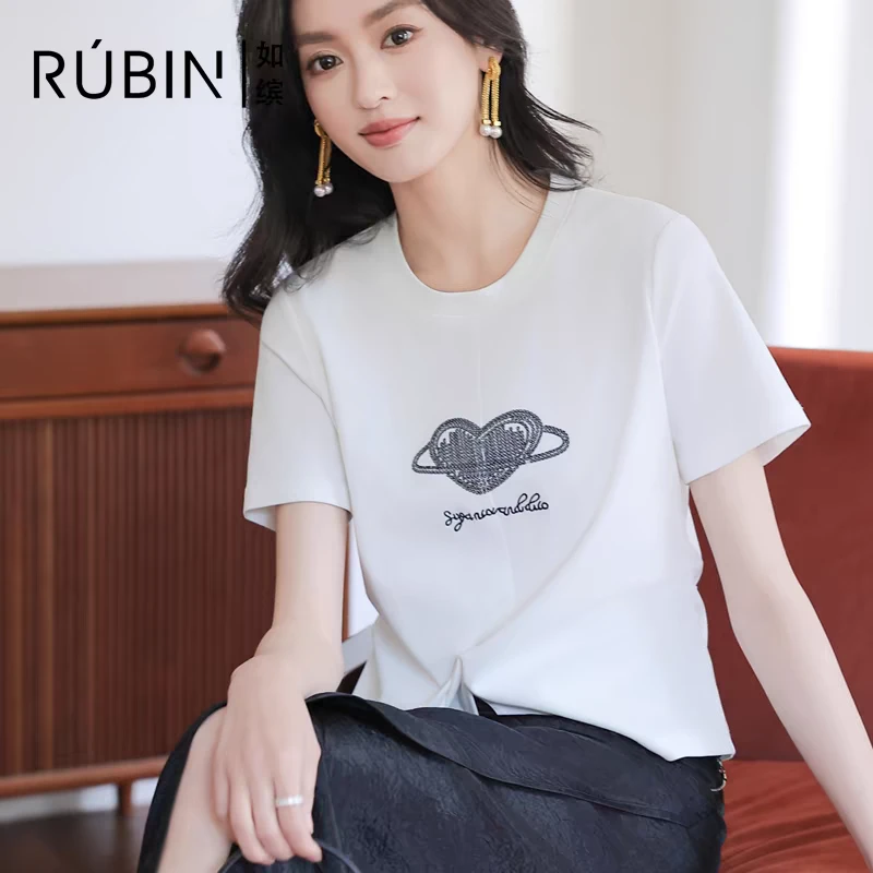 如缤RUBIN2024夏季款正品女装短袖圆领套头印花T恤上衣6L22T69086
