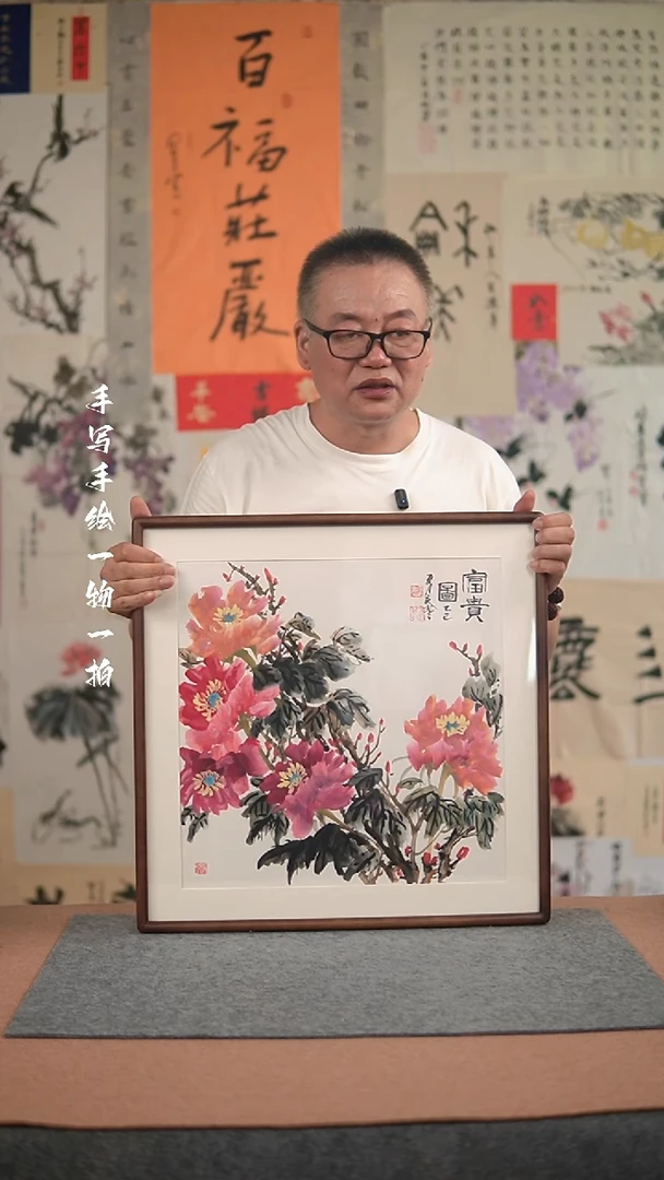 国画手绘-52*52实木框-花鸟