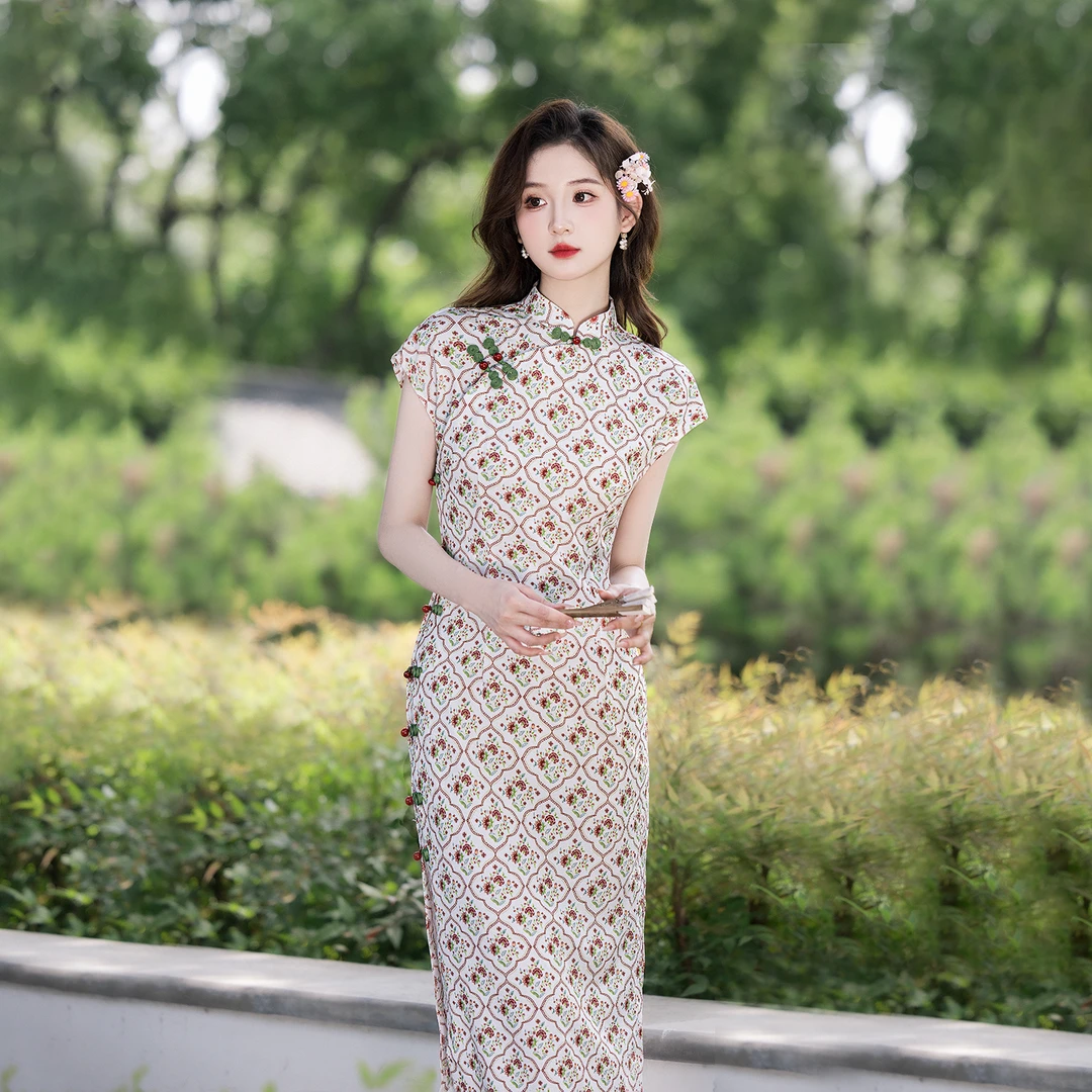 素雅少女感全开襟古法旗袍2025年夏季薄款显瘦碎花连衣裙日常可穿