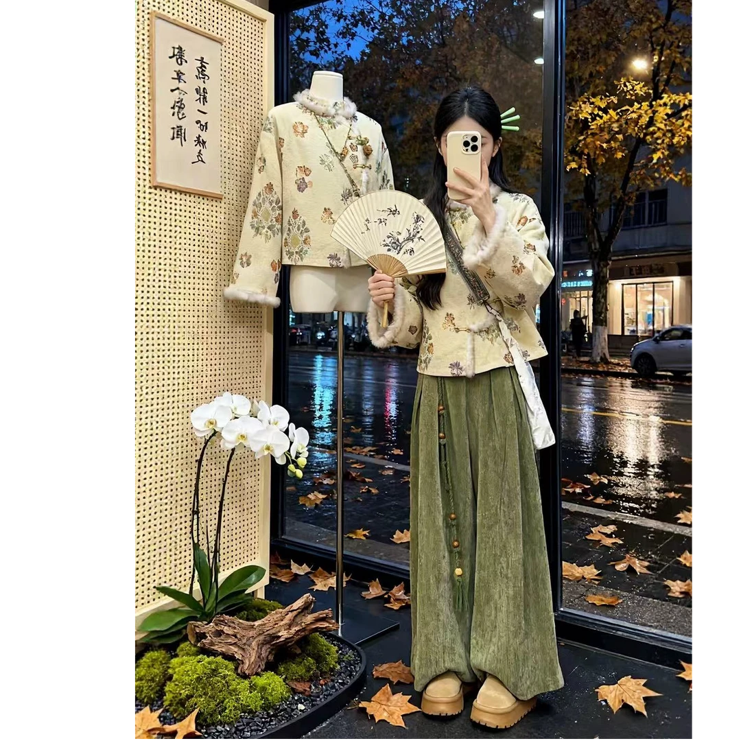 新中式提花盘扣加棉外套阔腿裤2025冬季新款显瘦宽松女装7219