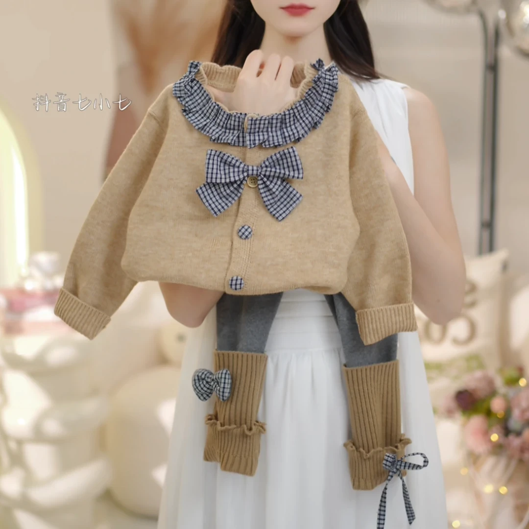 女童毛衣套装2025秋季新款宝宝洋气拼接格子针织打底裤两件套韩版