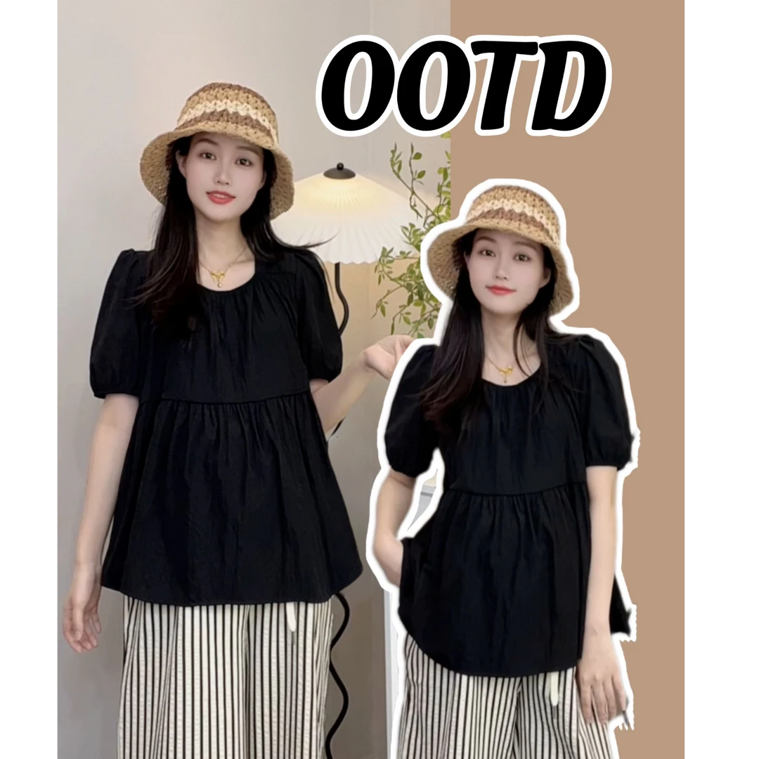 孕妇装夏装显瘦衬衫小个子夏季法式洋气时尚韩版甜美方领衬衣