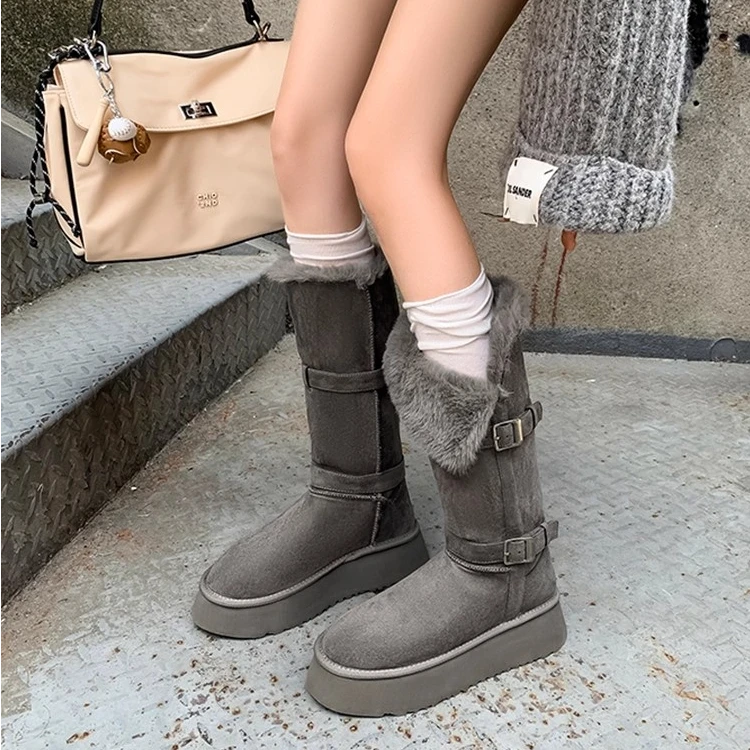 高筒灰色雪地靴女冬季新款厚底加绒加厚中长筒雪地棉靴子棉鞋Q