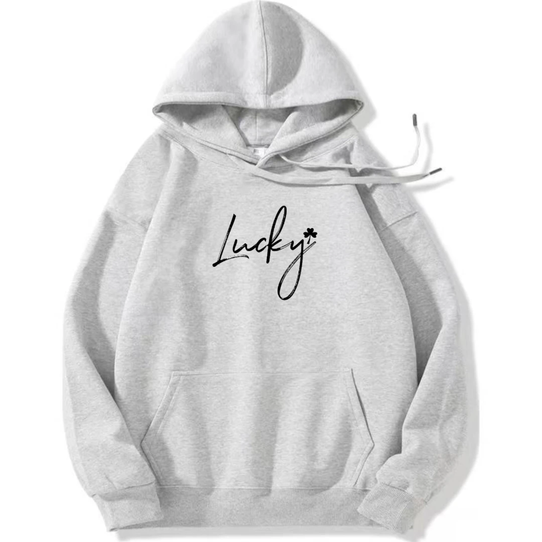 花灰前Lucky图加绒极简风休闲潮流上衣秋冬连帽卫衣10A抗菌