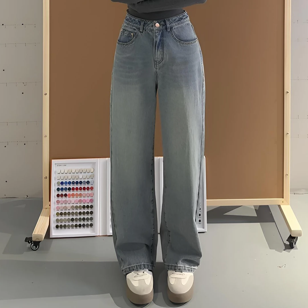 高腰直筒浅蓝色百搭休闲韩版阔腿牛仔裤5056