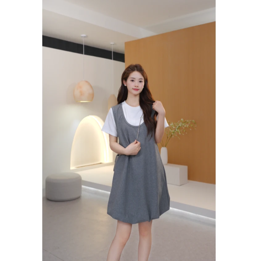 Basic House/百家好短袖连衣裙女夏季学院风气质收腰百褶灰色裙子