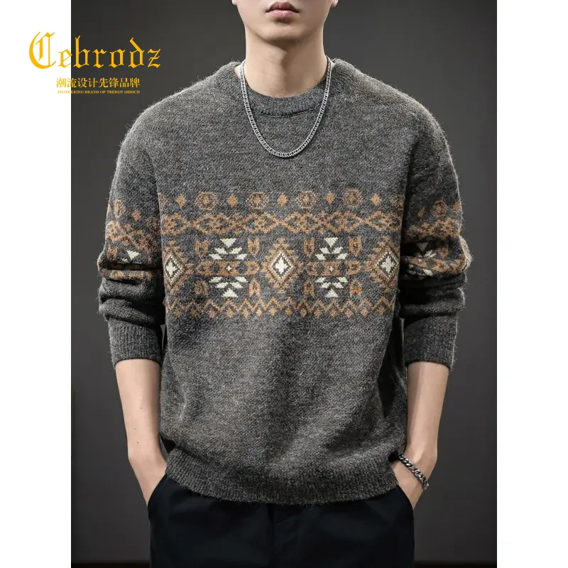 法国Cebrodz复古提花费尔岛毛衣男宽松民族风针织衫保暖线衣卫衣