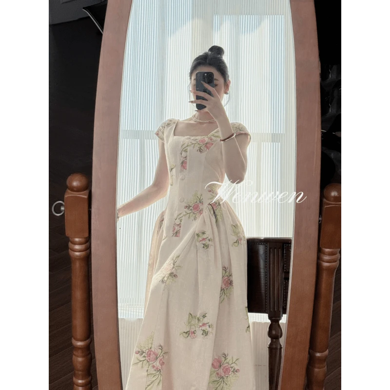 TANS【花开浪漫】显廋碎花长裙夏季泡泡袖法式日常复古长款连衣裙