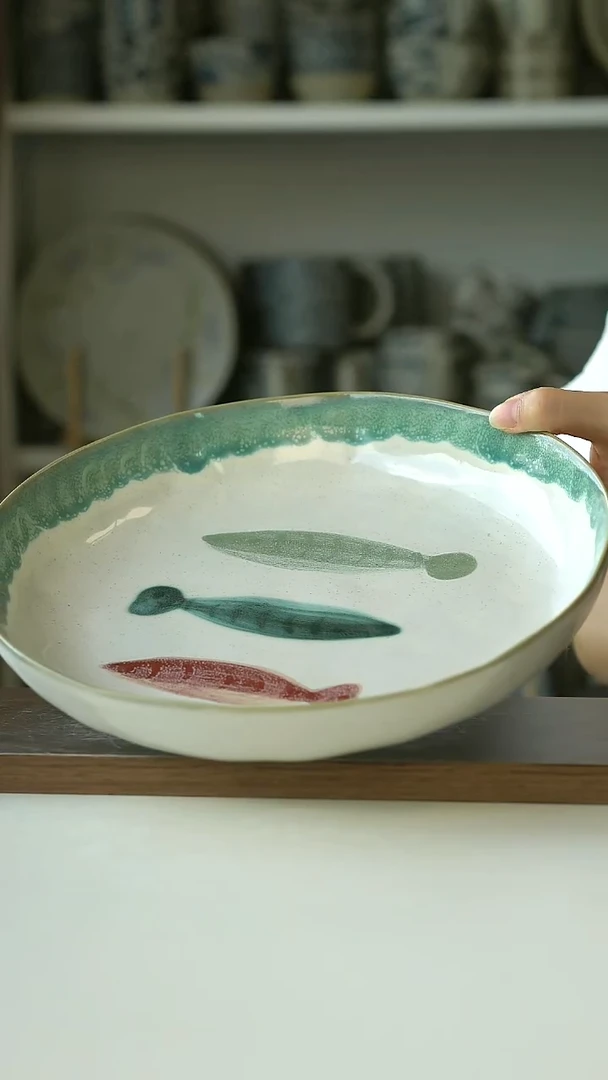 微瑕手作三色鱼趣深盘25cm@4-2@