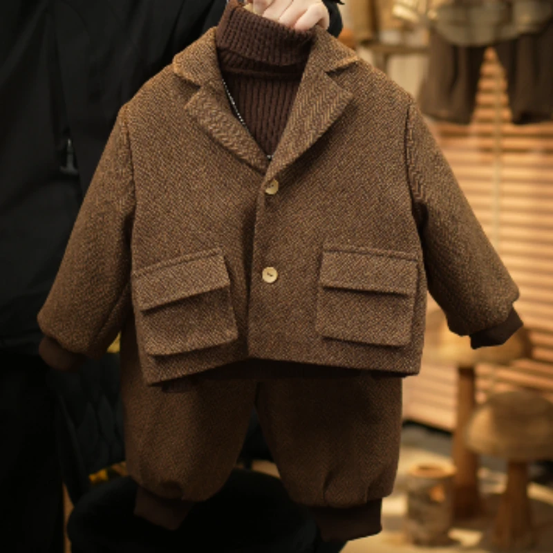 现货啵小爸【生巧摩卡】2024春秋冬季男童韩系设计感西装夹棉套装