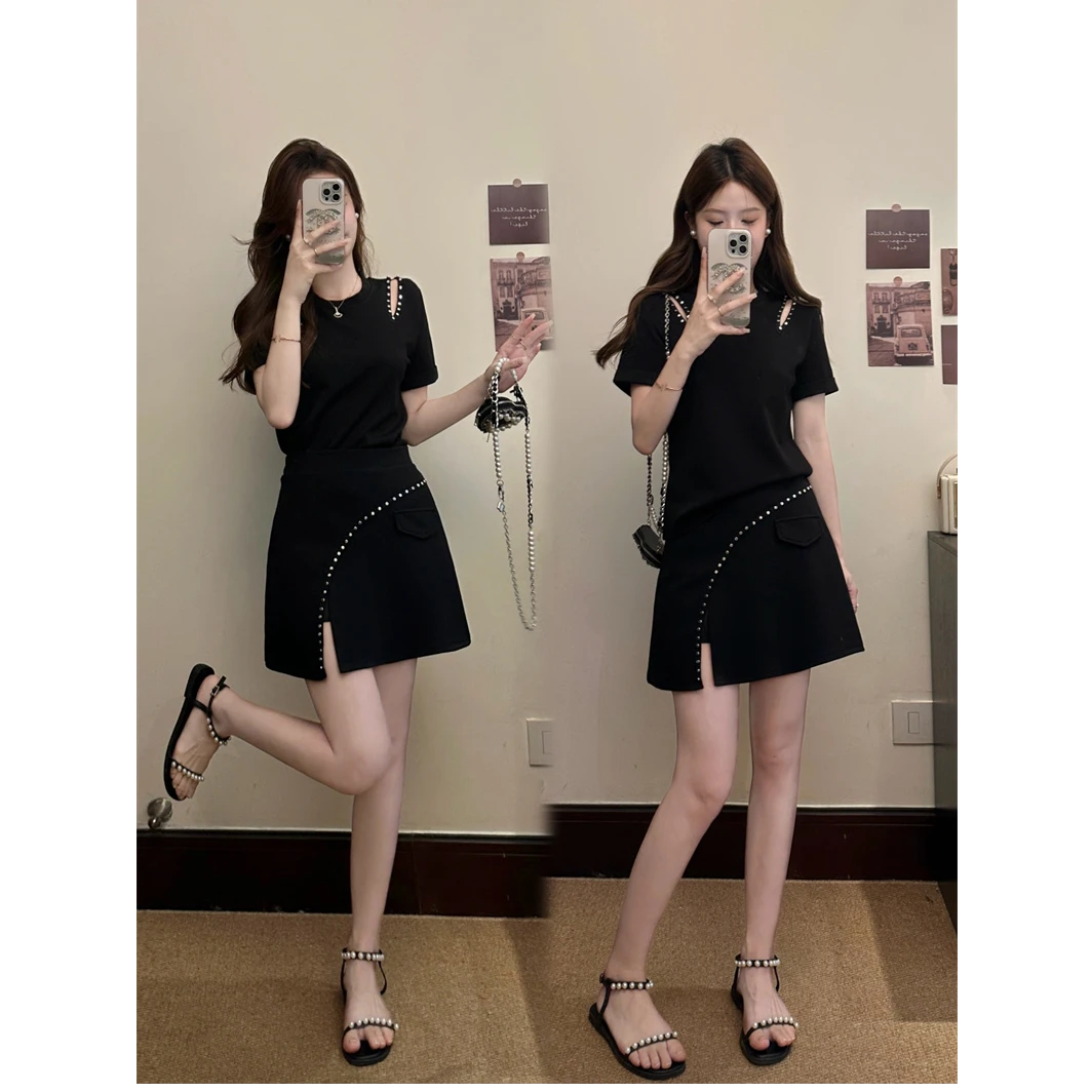 赫本风高级感休闲时尚套装夏季设计感短袖上衣+短裙两件套2605