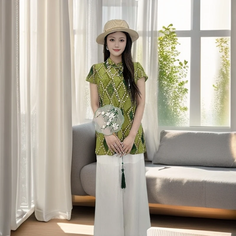 【贵妃绿格】夏新款新中式清冷感禅意套装国风改良旗袍阔腿裤两件套