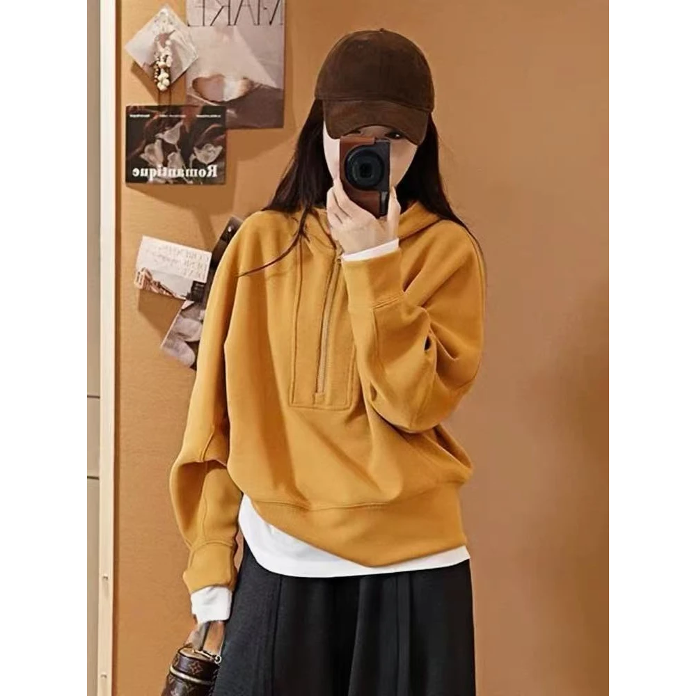 木子静-「入手款」韩系百搭宽松半拉链连帽卫衣-9137
