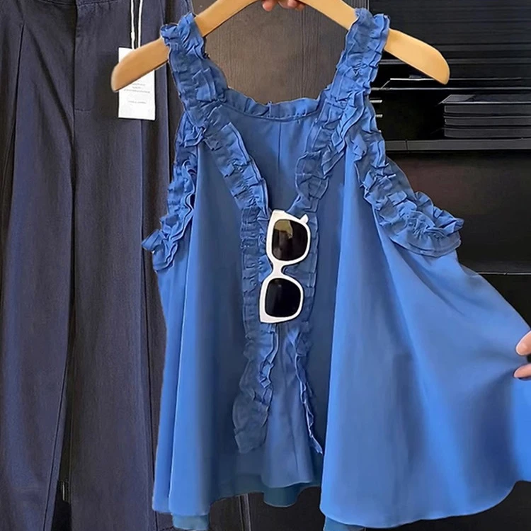 SM外穿法式甜美木耳边无袖吊带背心女秋季新设计感V领衬衫上衣